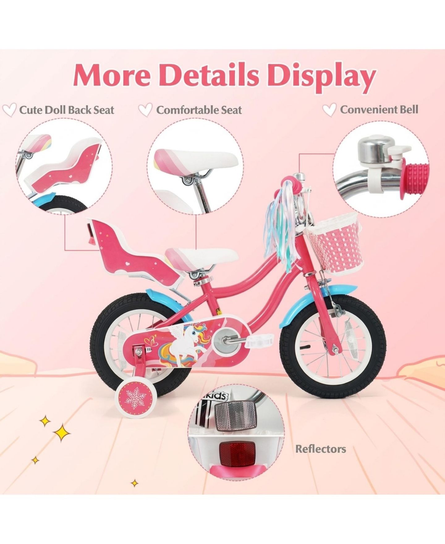 Детская игрушка HONGGE 12-Inch Girls' Bike with Doll Seat, Front Basket and Training Wheels, Ages 3-4, цвет: Розовый — фото 5
