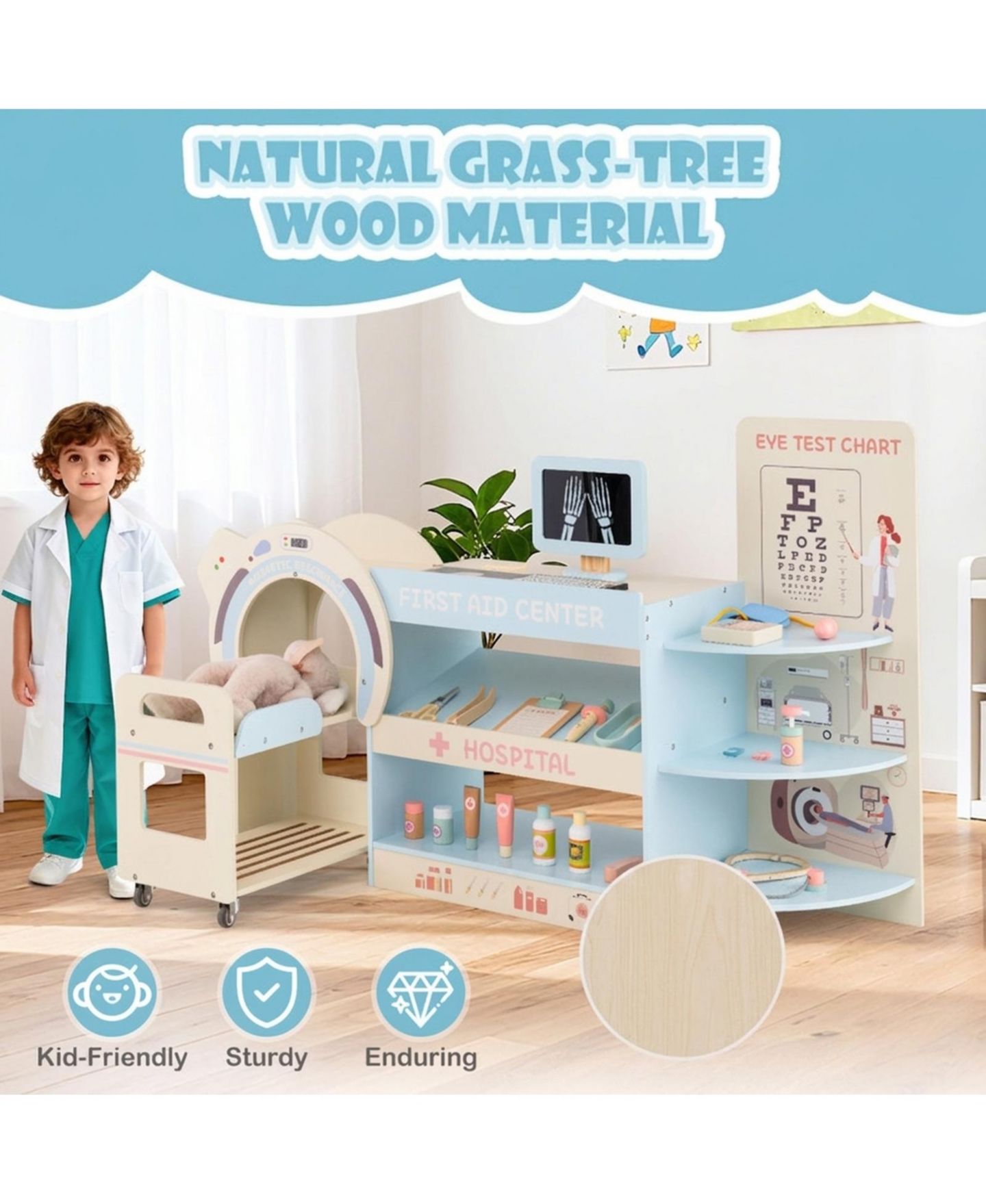 Детский игровой набор HONGGE Kids Wooden Doctor Play Set with Toy CT Machine and Eye Chart Ages 3, цвет: Синий — фото 5