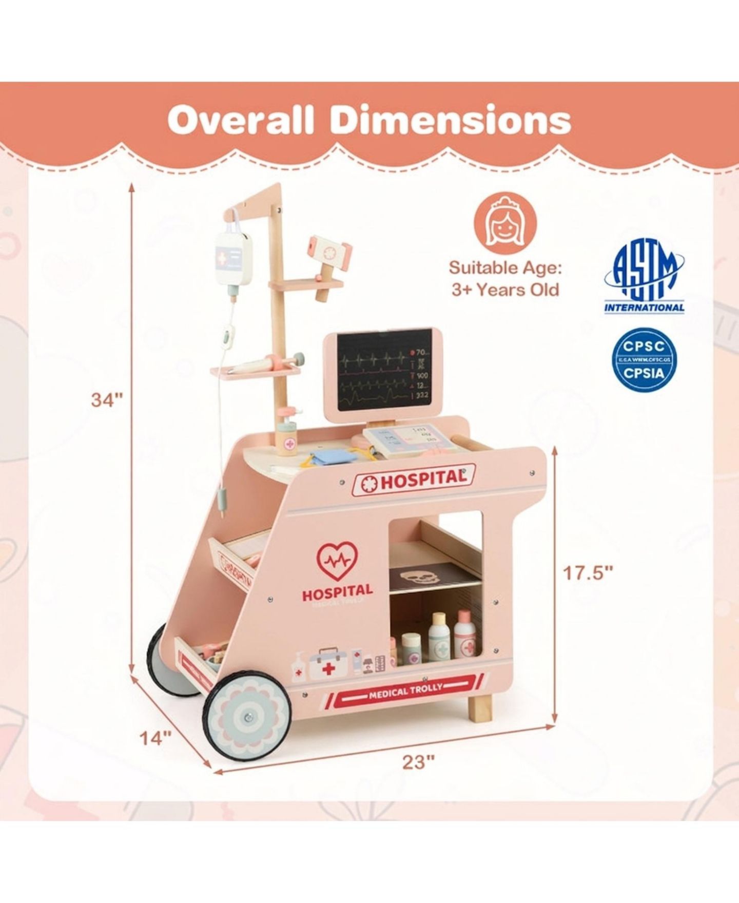 Детская игрушка HONGGE Doctor CT Machine with Rolling Cart Playset, Ages 3+, цвет: Розовый — фото 3