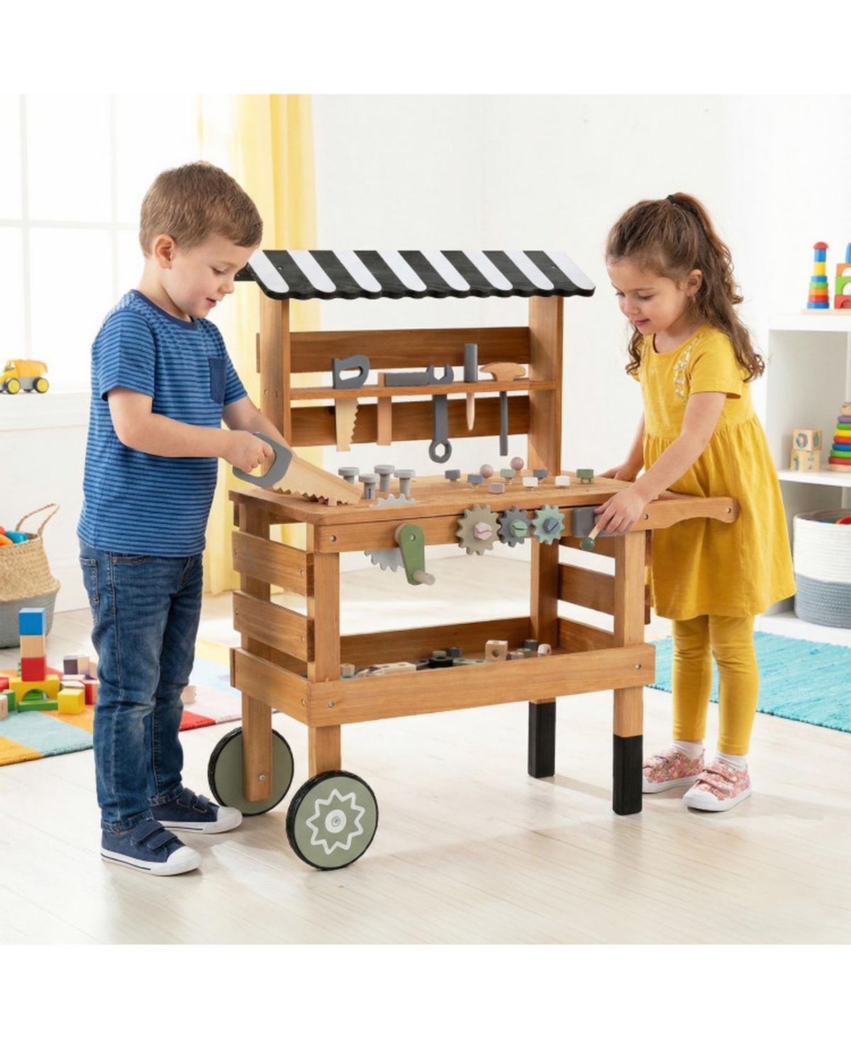 Hongge 2-in-1 Rolling Wooden 47-Piece Tool Bench Cart, Ages 3+