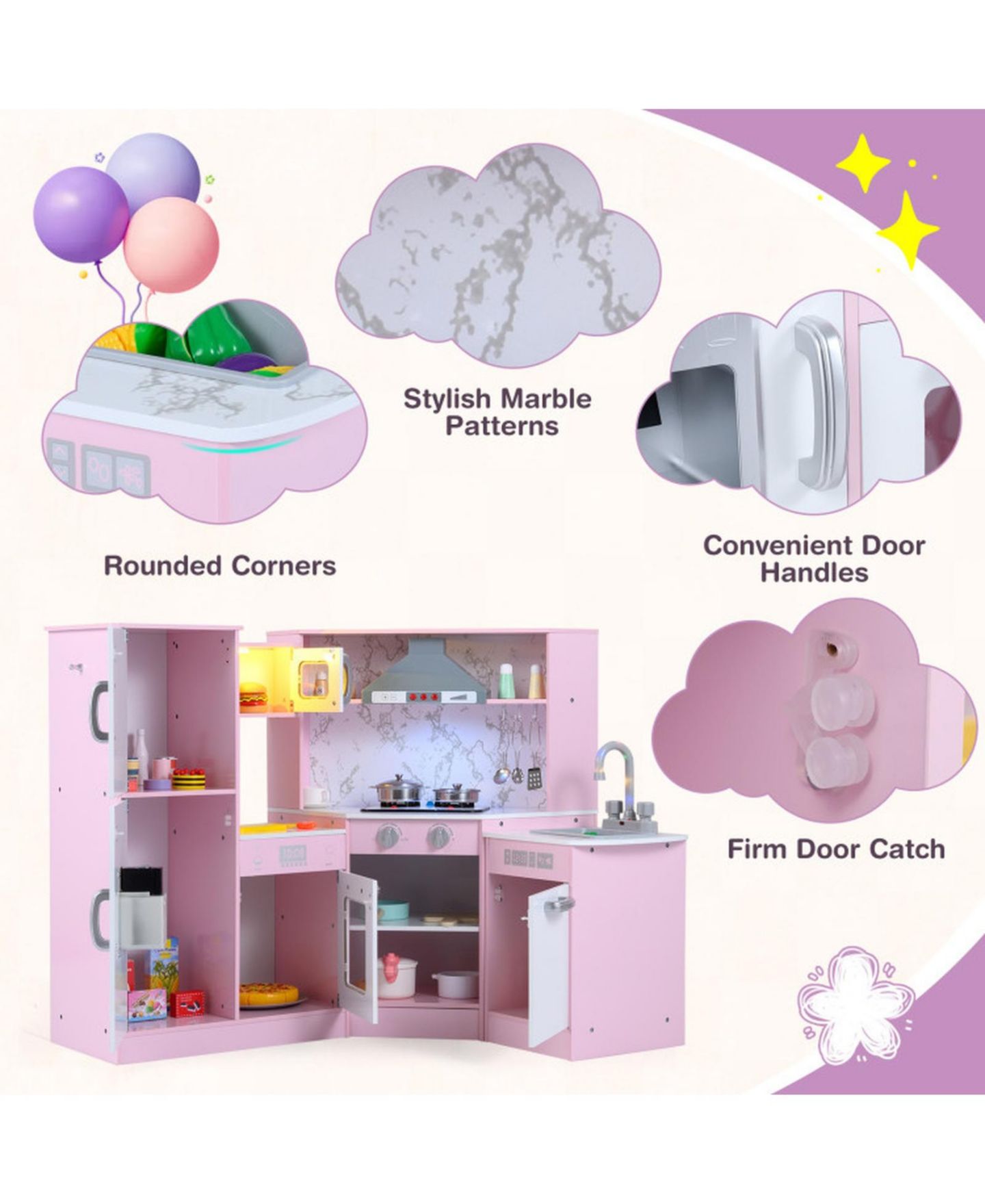 Детский игровой набор HONGGE Kids Corner Play Kitchen Playset with Sensor Faucet and Sound Lights Ages 3, цвет: Розовый — фото 6