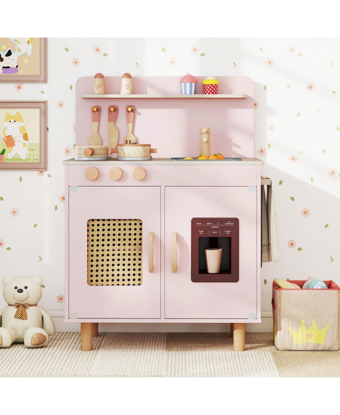 Детский игровой набор HONGGE Kids Wooden Play Kitchen Playset with Working Ice Maker and Sink Ages 3, цвет: Розовый — фото 9