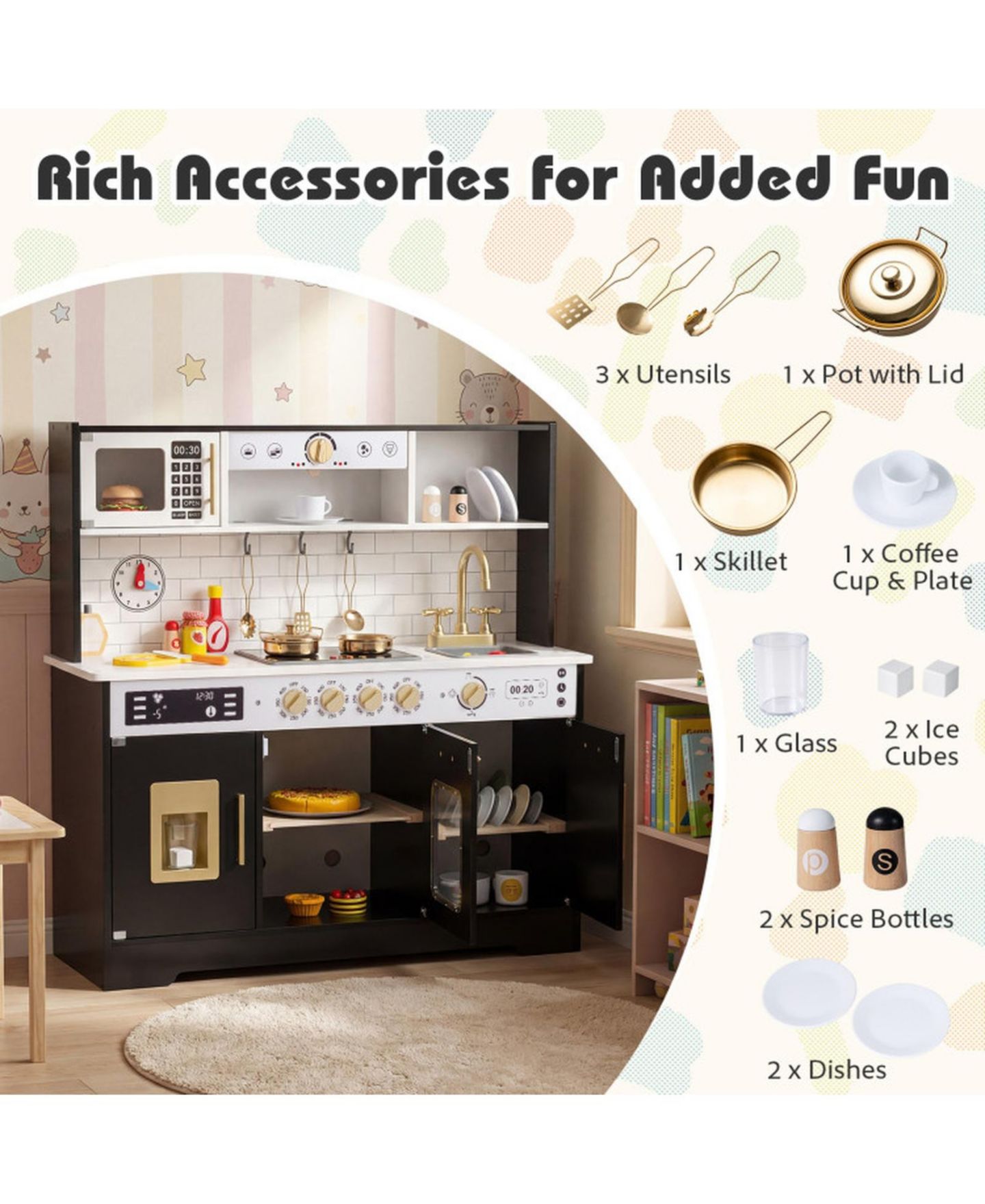 Детская игрушка HONGGE Lights and Sounds Wooden Play Kitchen with Ice Maker, Ages 3+, цвет: Чёрный — фото 7