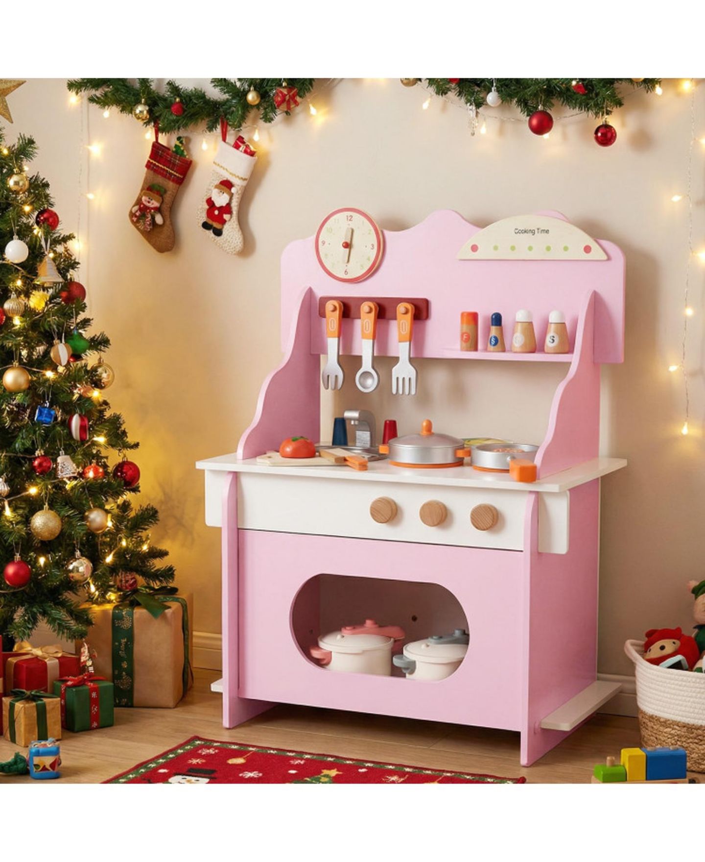 Детские игрушки HONGGE Wooden Double-Burner Play Kitchen with Learning Clock, 12-Piece Set, Ages 3+, цвет: Розовый — фото 9