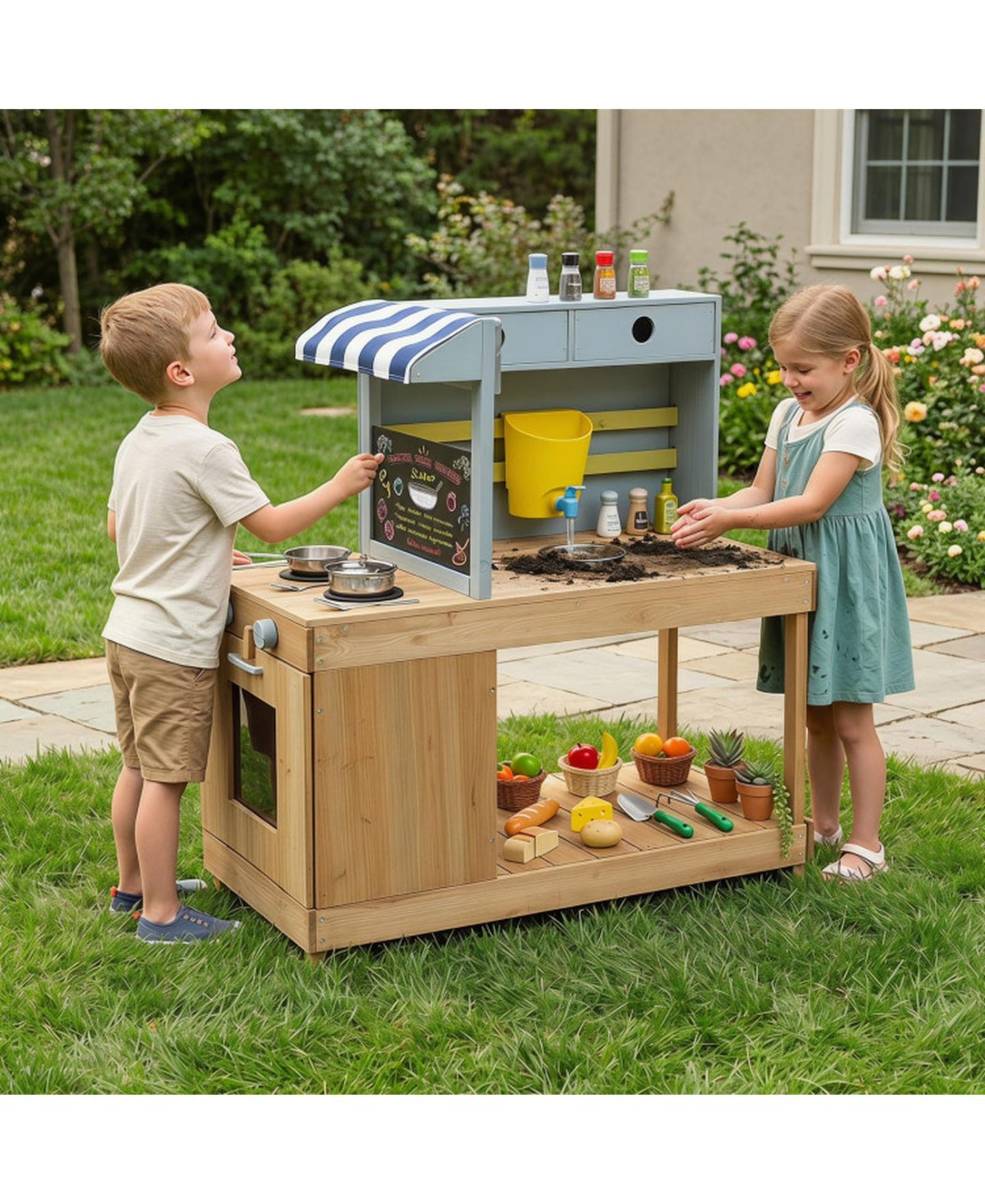 Детские игрушки HONGGE Canopy Mud Kitchen with Water Tank and Faucet, Ages 3+, цвет: Натуральный — фото 2