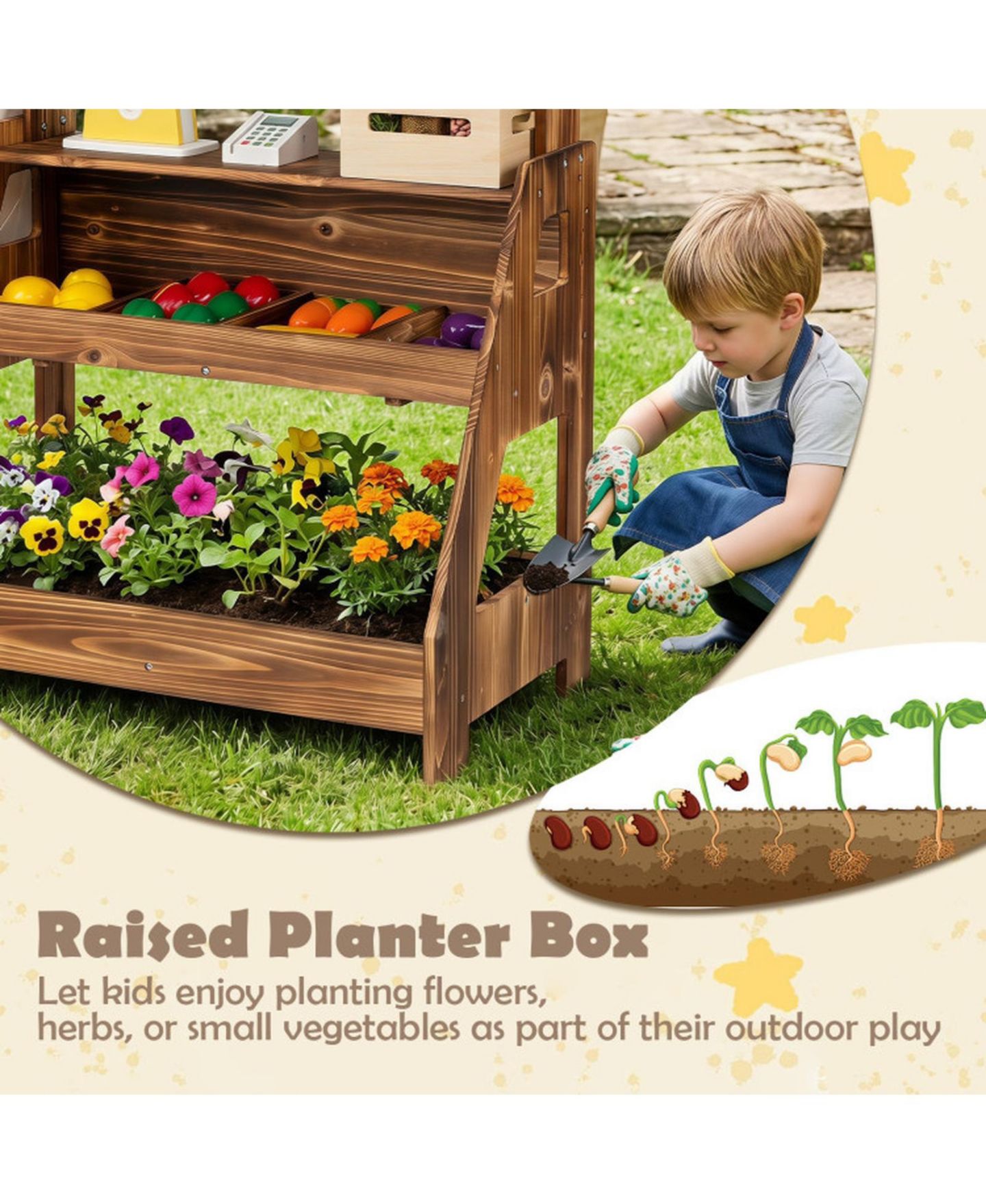 Детские игрушки HONGGE 2-in-1 Wooden Mud Kitchen and Market Stand, 25-Piece, Ages 3+, цвет: Коричневый — фото 10