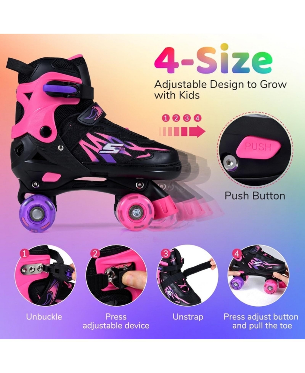 Hongge Kids Adjustable Outdoor Quad Roller Skates with Light-Up Wheels Ages 7-9