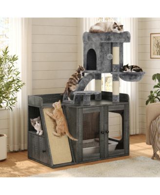 Cat Litter Box Enclosure With LED Light, Storage Cabinet and Sisal Scratcher, Modular Cat Tree