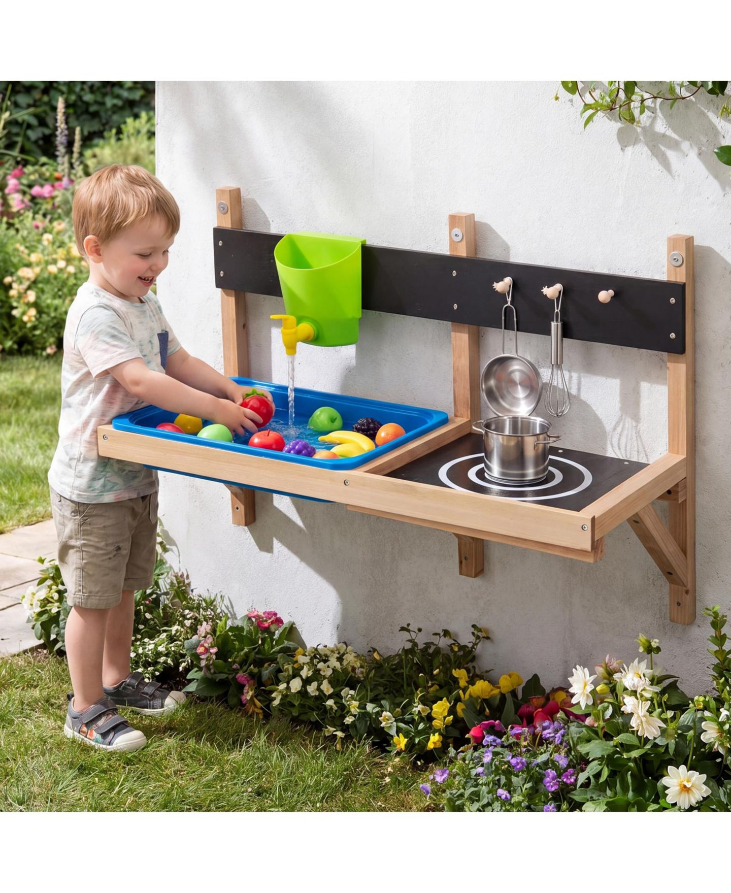 Детская игрушка Gymax Outdoor Wall Mounted Mud Kitchen for Kids Wooden Play Kitchen with Sink Faucet, цвет: Синий — фото 3
