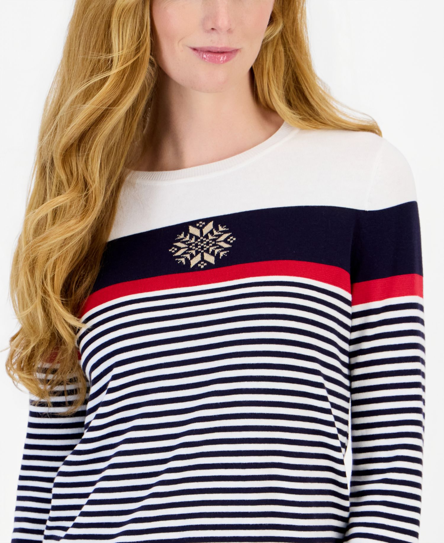 Women's Long-Sleeve Crewneck Striped Snowflake Holiday Sweater