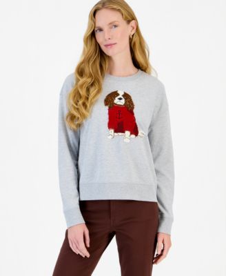 Women's Crewneck Long-Sleeve Chenille-Embroidered Dog Graphic Sweatshirt