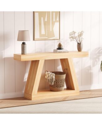 55" 2-Tier Industrial Console Table with Open Shelf, Rustic Wood-Look Sofa Table for Entryway and Living Room