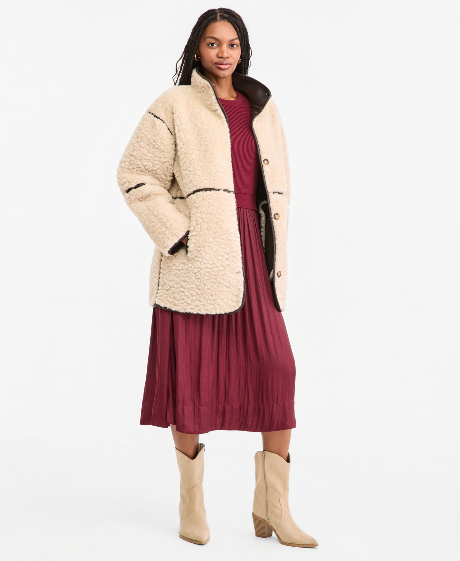 Women's Faux Leather Trim Sherpa Jacket