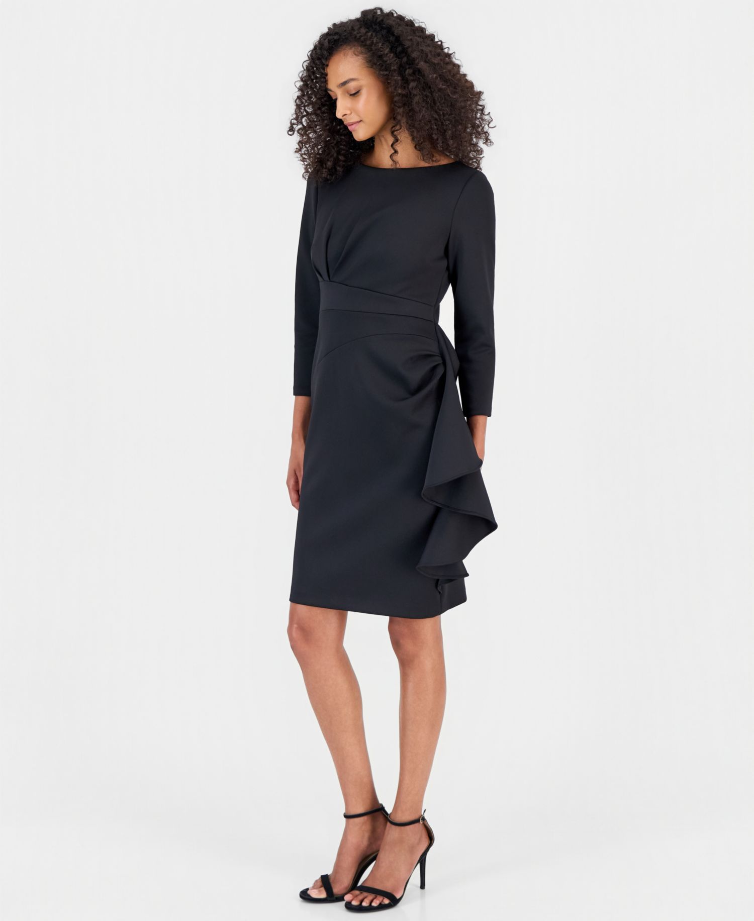 Petite Boat Neck Draped Cascading-Ruffle Sheath Dress