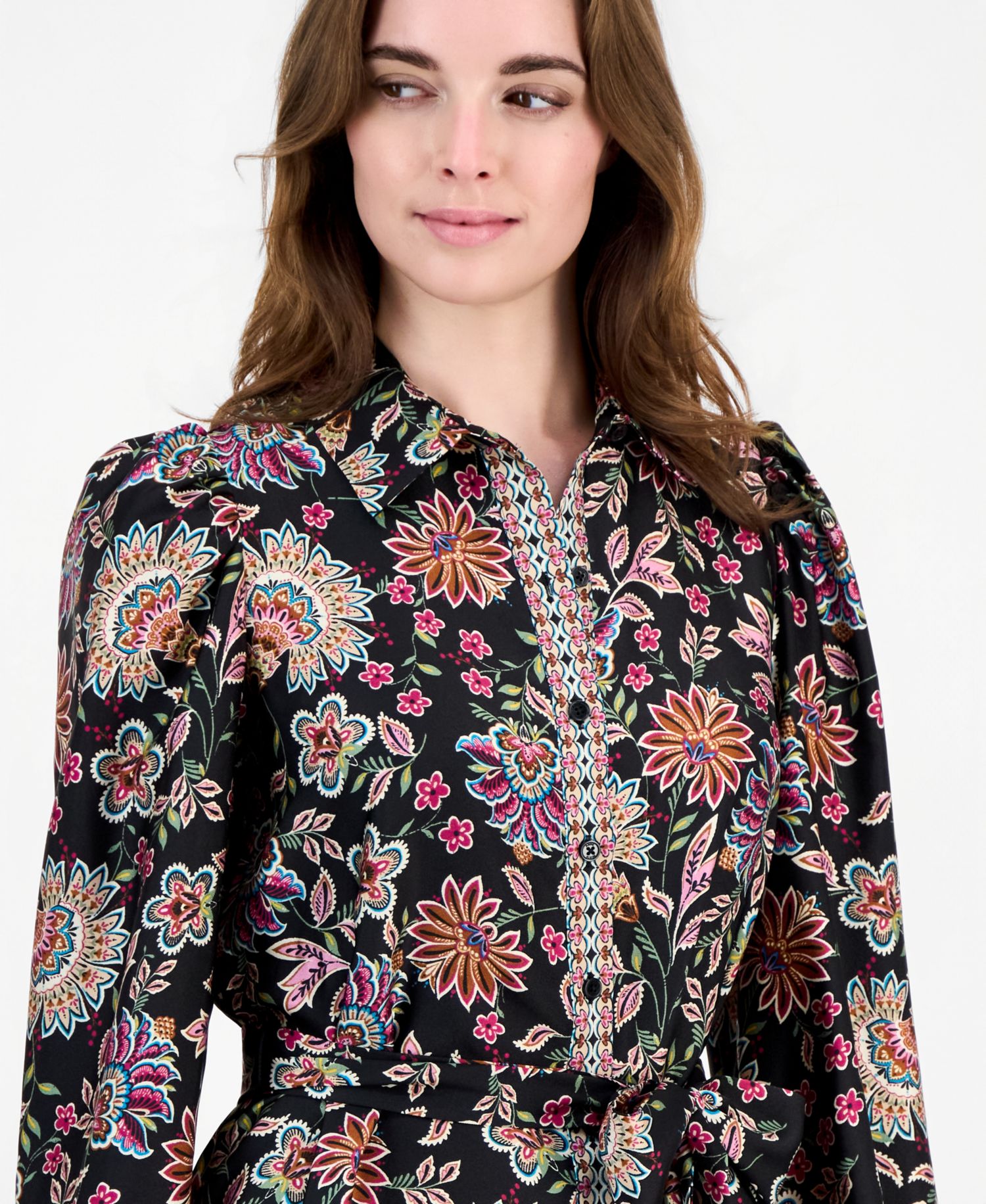 Women's Floral-Print Tiered Long-Sleeve Shirt Dress