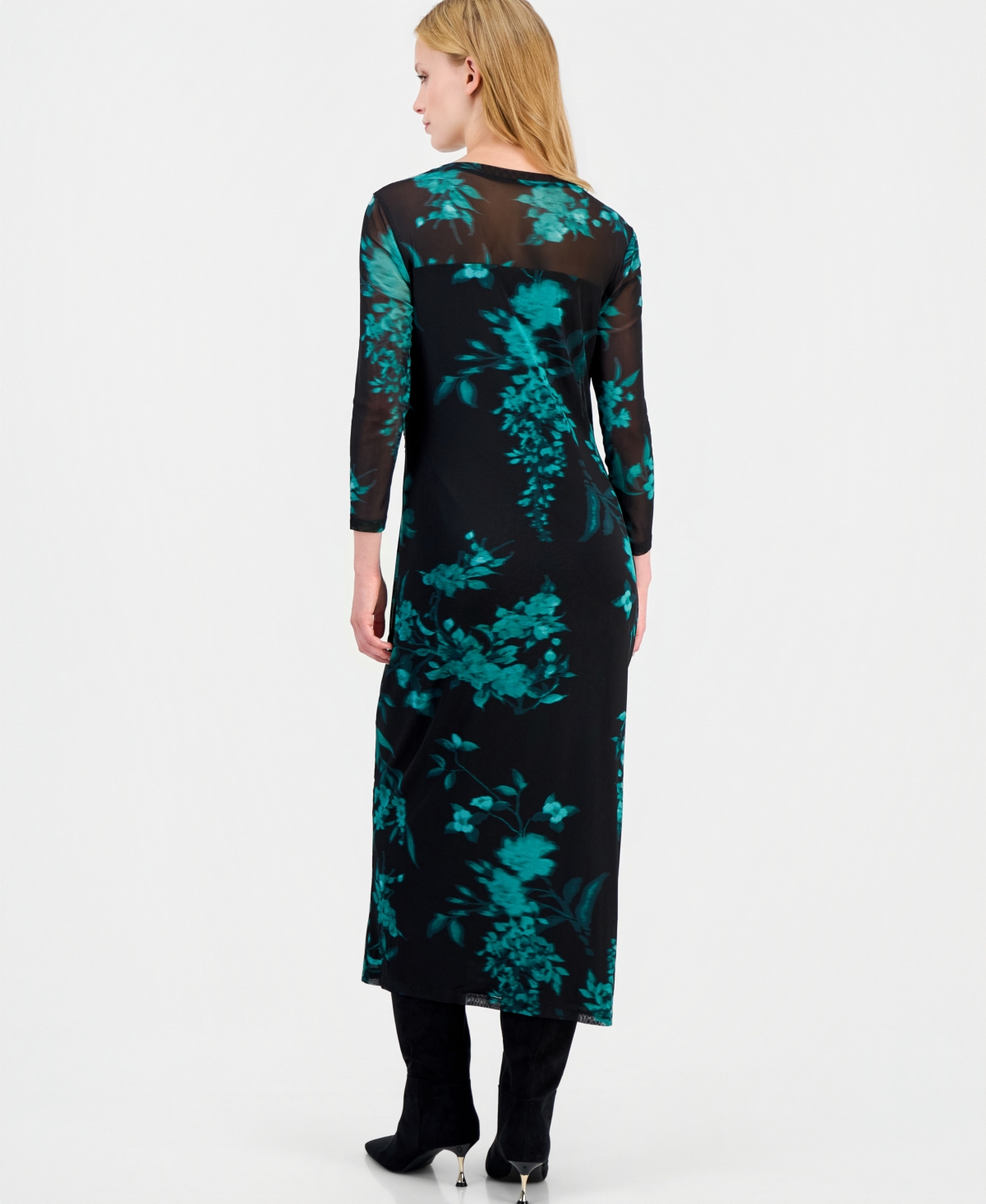 Anne Klein Petite Mesh Side Ruche Floral Midi Dress