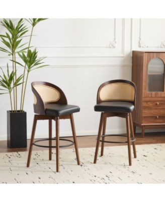 Swivel Counter Height Bar Stools Set of 2, Solid Wood Rubberwood Frame, Walnut Finish, Fabric  Upholstered Seat, Rattan Backrest