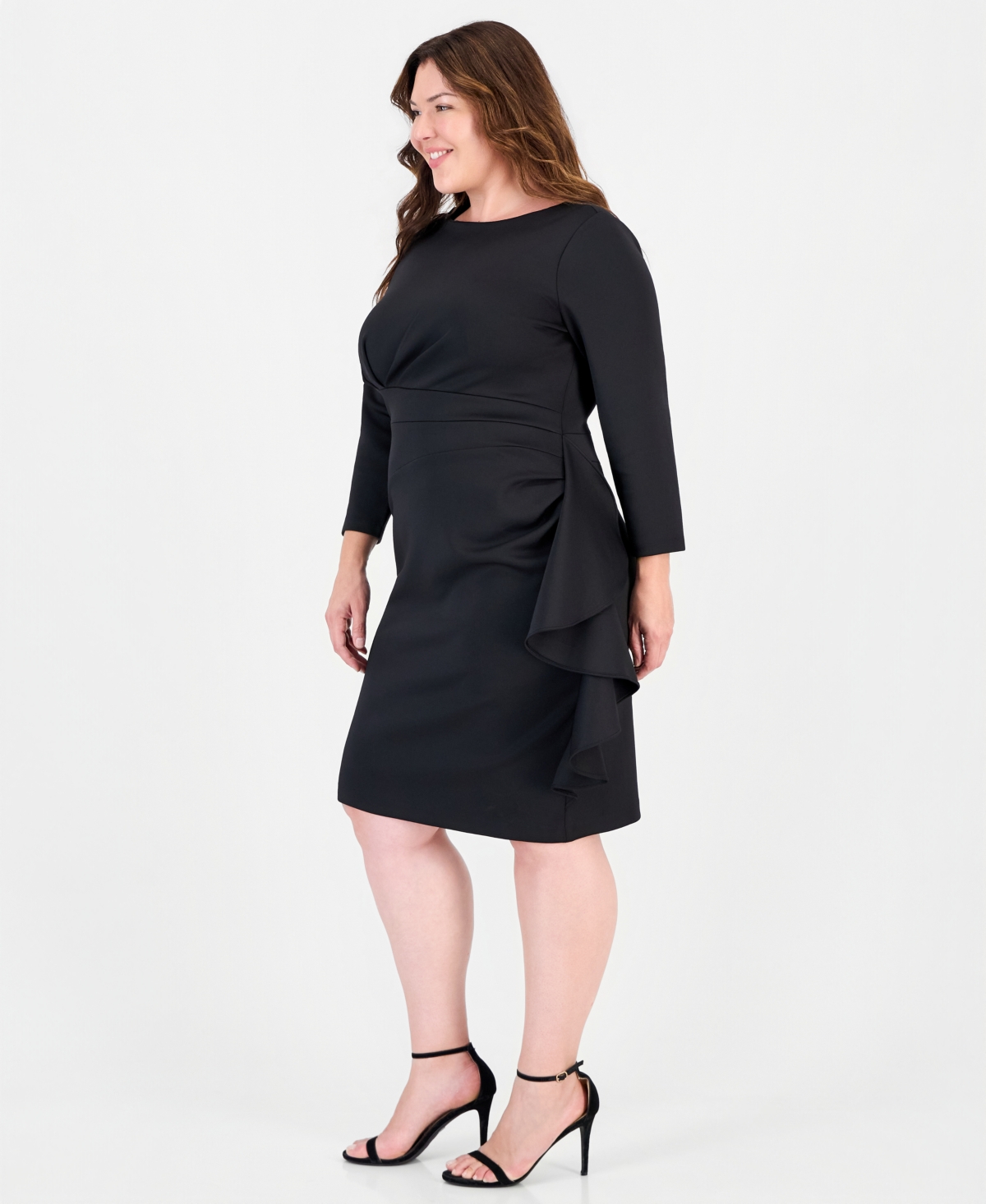 Anne Klein Plus Draped Sheath With Cascading Ruffle Scuba Midi Dress