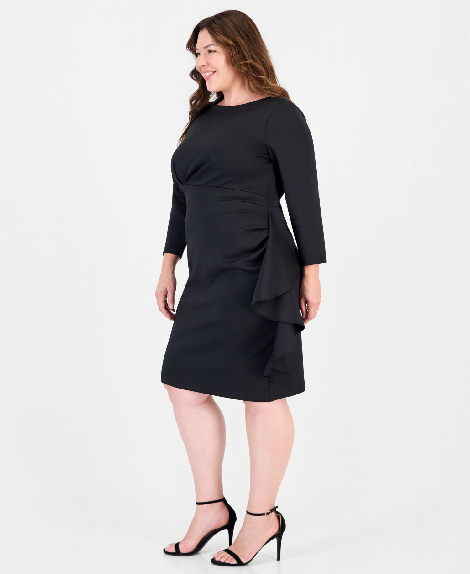 Petite Boat Neck Draped Cascading-Ruffle Sheath Dress