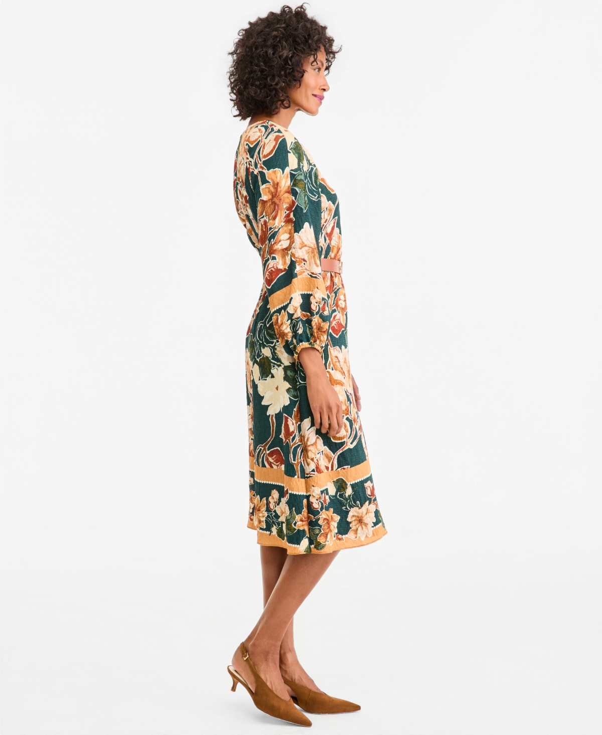 Maggy London Women's Long-Sleeve Floral A-Line Midi Dress