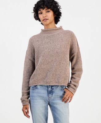 Juniors' Roll Mock Neck Chenille Long-Sleeve Sweater