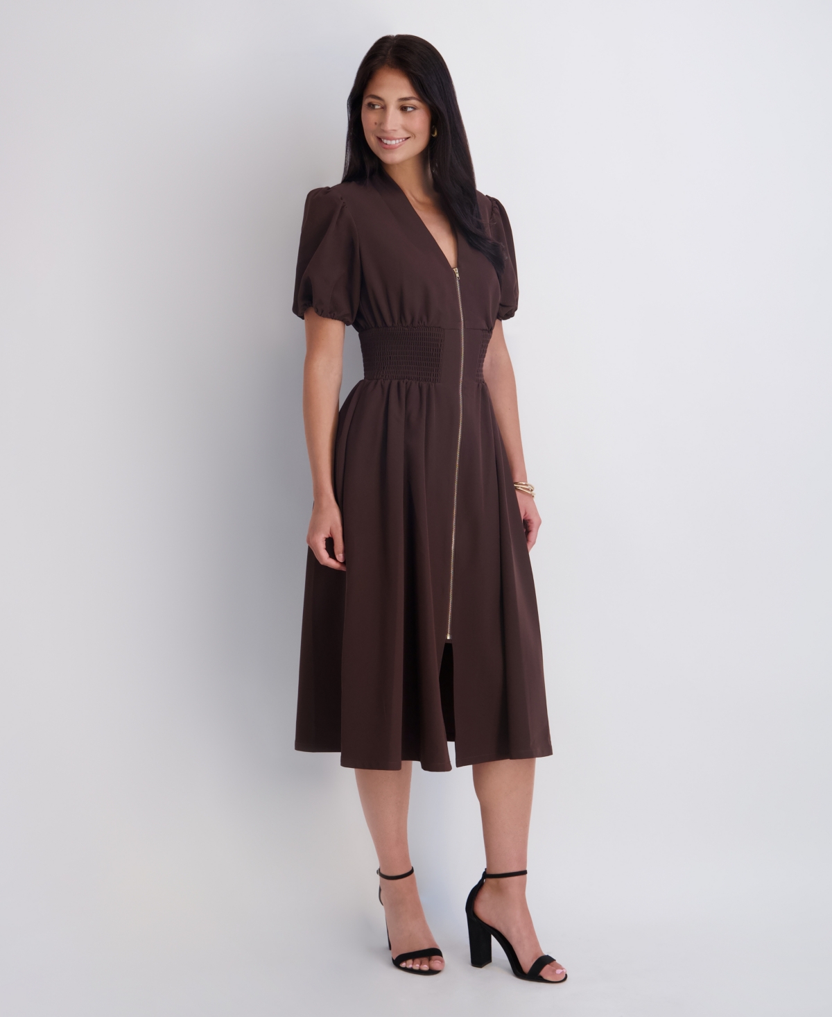 Kensie Women's Puff-Sleeve Smocked-Waist A-Line Midi Dress