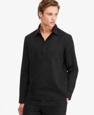 Men's Square Texture Popover Long-Sleeve Point-Collar Linen-Blend Shirt, Macy's Exclusive