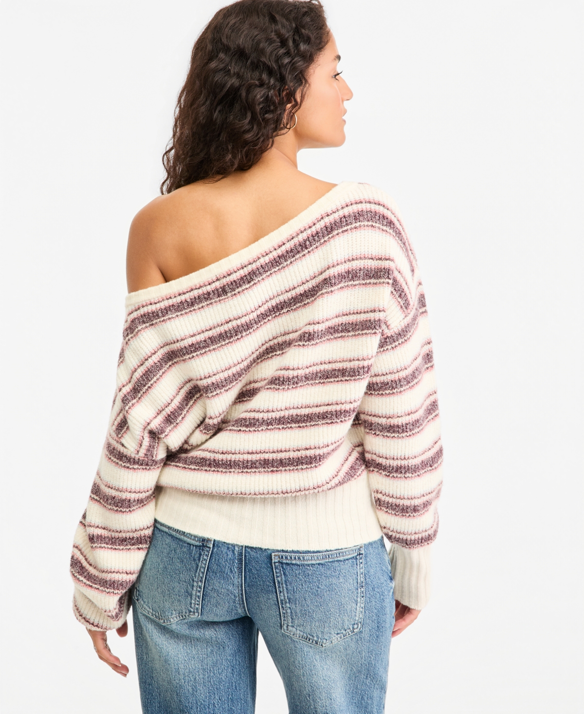 Hippie Rose Juniors' Slouchy Off-the-Shoulder Striped Pullover