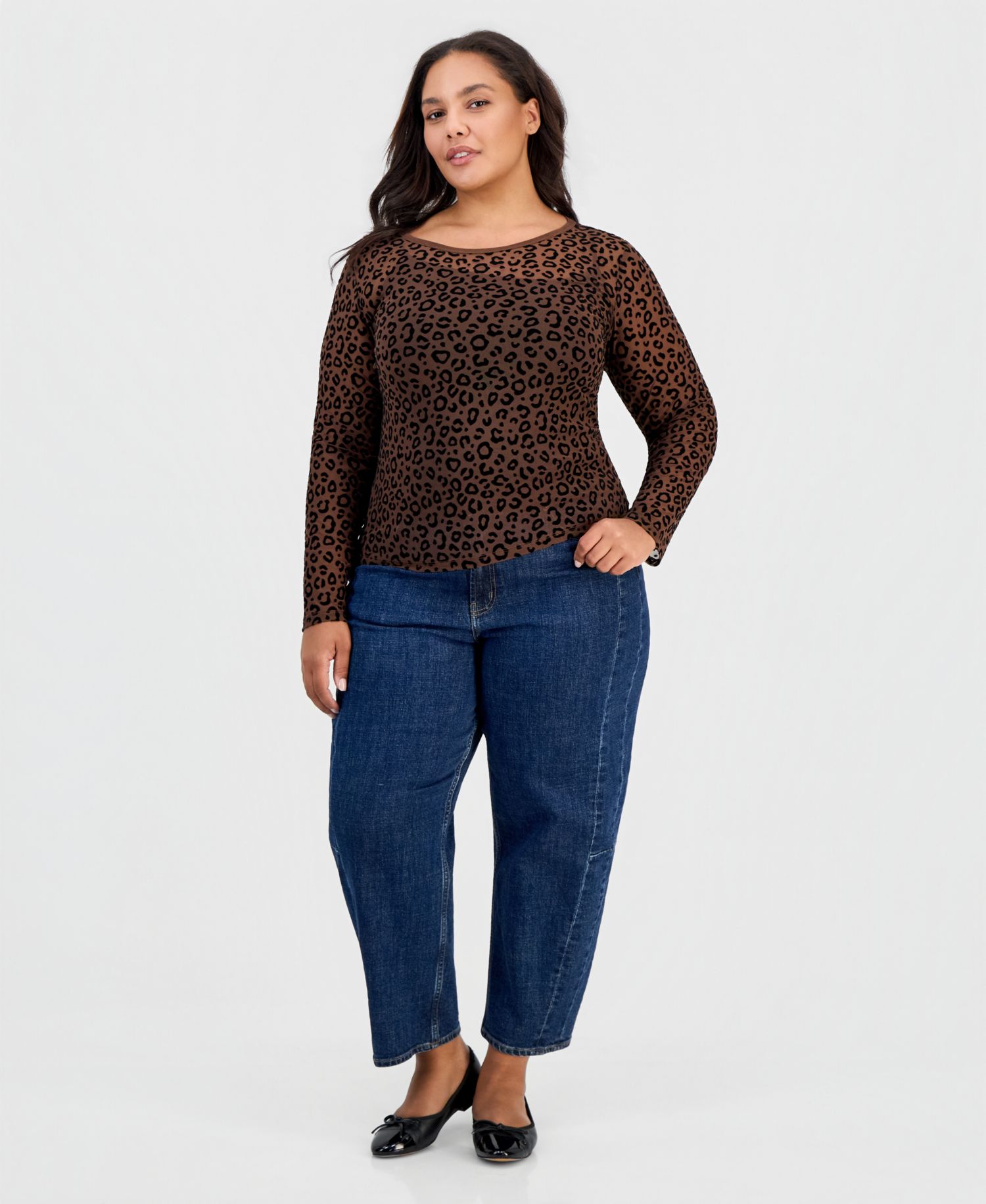 Plus Size Flocked Mesh Long-Sleeve Crewneck Top