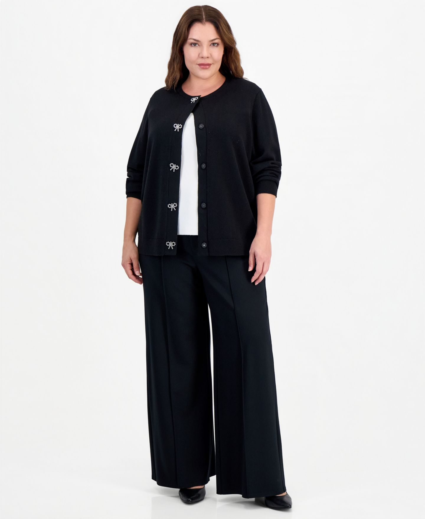 Женский кардиган Anne Klein Essentials Plus Size Embellished Crewneck Long-Sleeve, цвет: Чёрный — фото 2