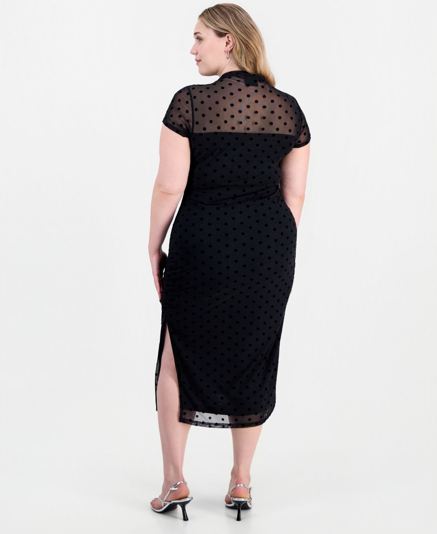 Plus Size Polka-Dot Ruched Mock-Neck Short-Sleeve Midi Dress
