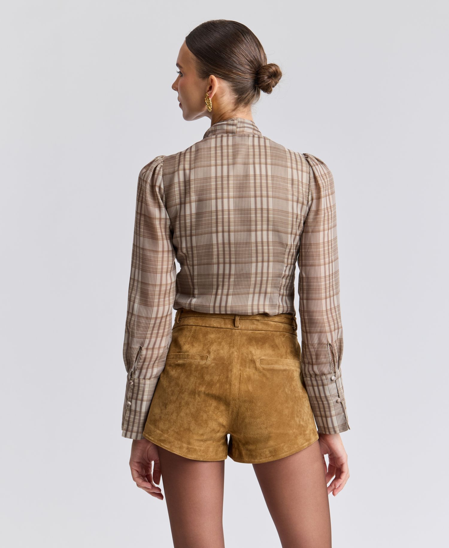 Women's Long Puff-Sleeve Scarf Neck Plaid Blouse
