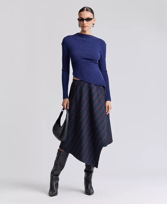 Women's Plaid Asymmetrical Wrap Midi Skirt - thumbnail 2