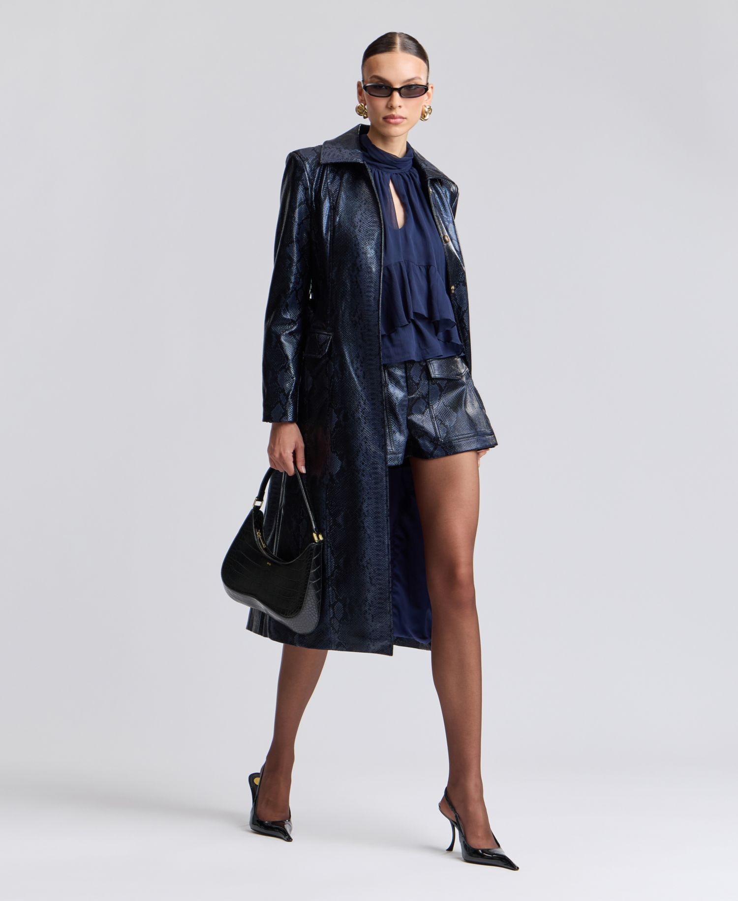 Women's Center Front Belted Python-Print Faux Leather Trench Coat