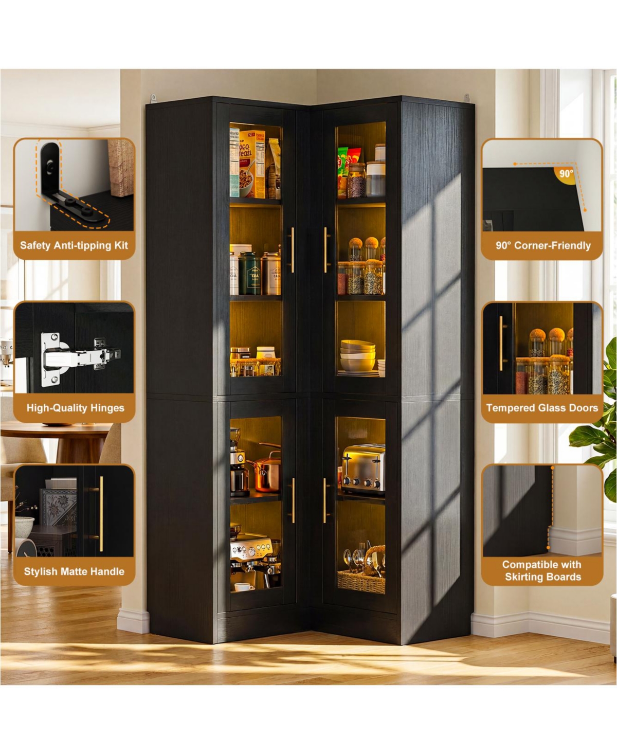 Aheaplus Tall 5-Tier Corner Pantry Cabinet with Glass Doors and Led Lights