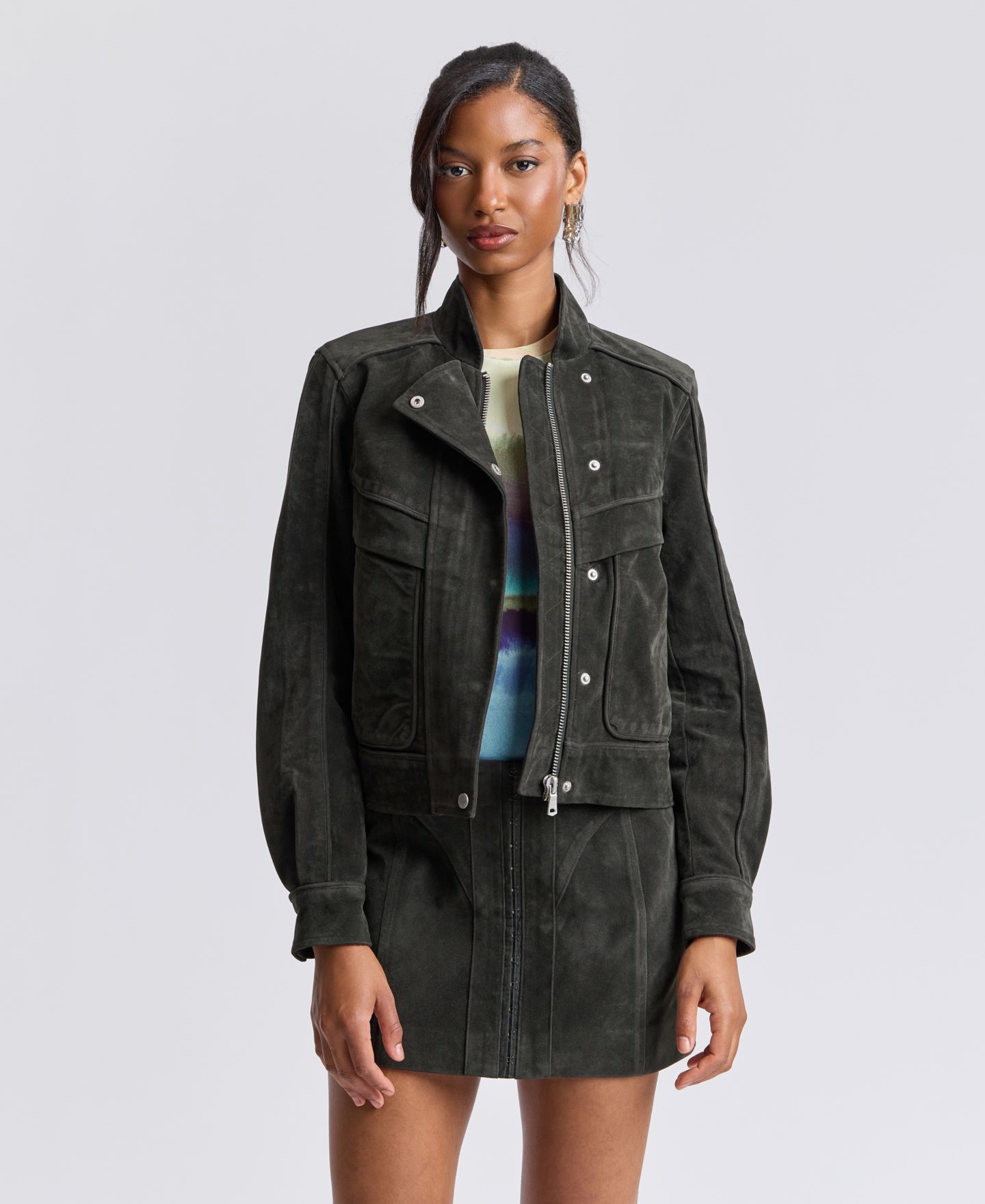 Женская куртка Avec Les Filles Asymmetrical Bomber Zip-Front Faux Suede, цвет: Зелёный — фото 6