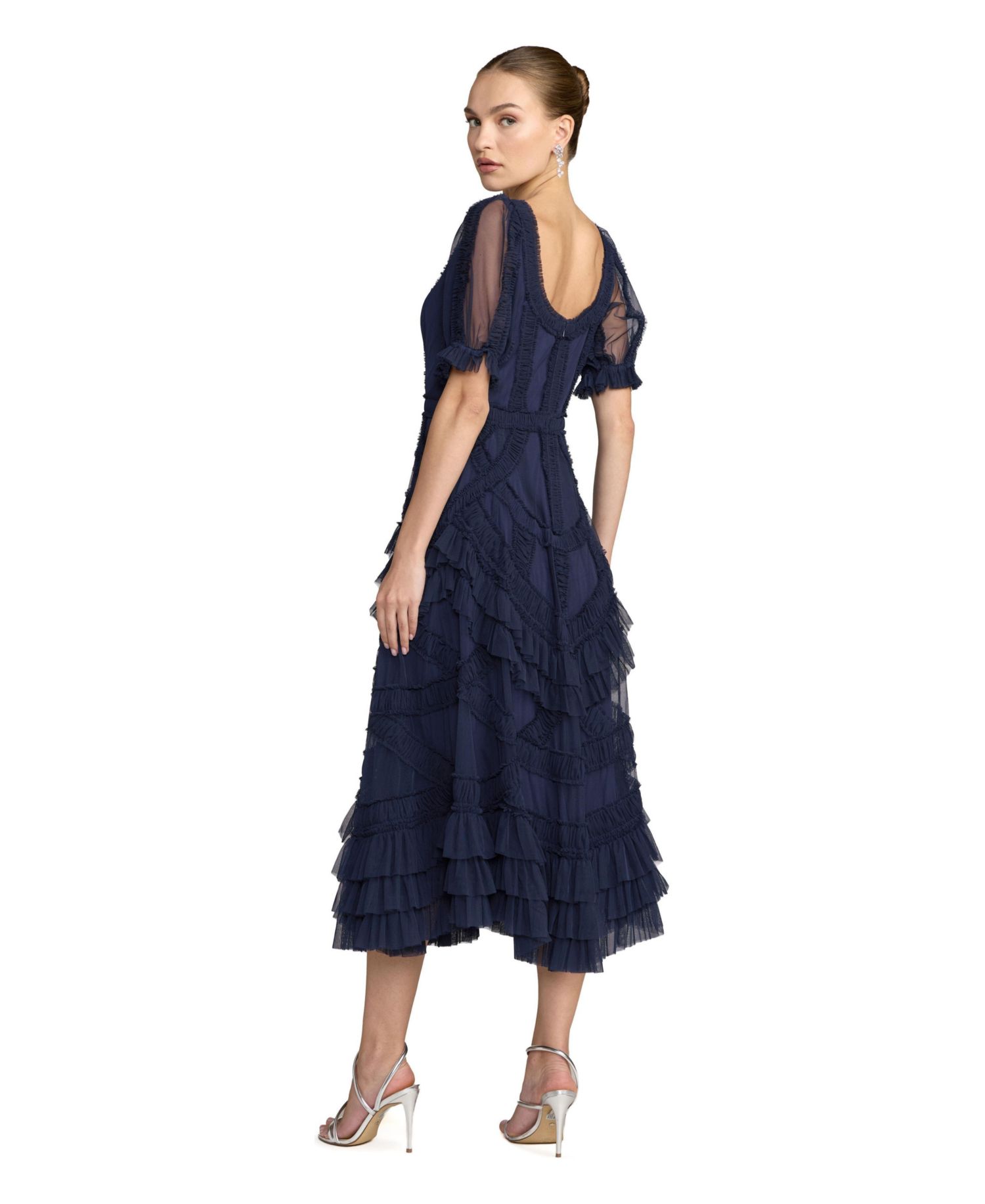 Women's Short Sleeve Mesh Mirco Ruffle Midi Dress