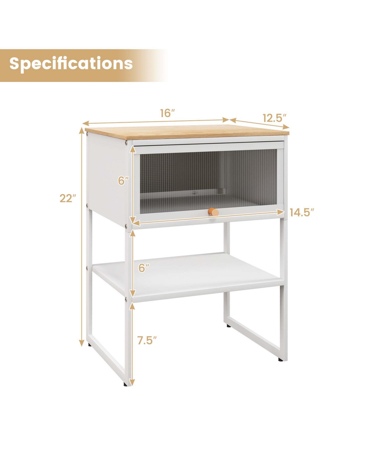 Costway Home Nightstand 3-Tier Storage Table with Open Shelf Heavy-duty Metal Frame