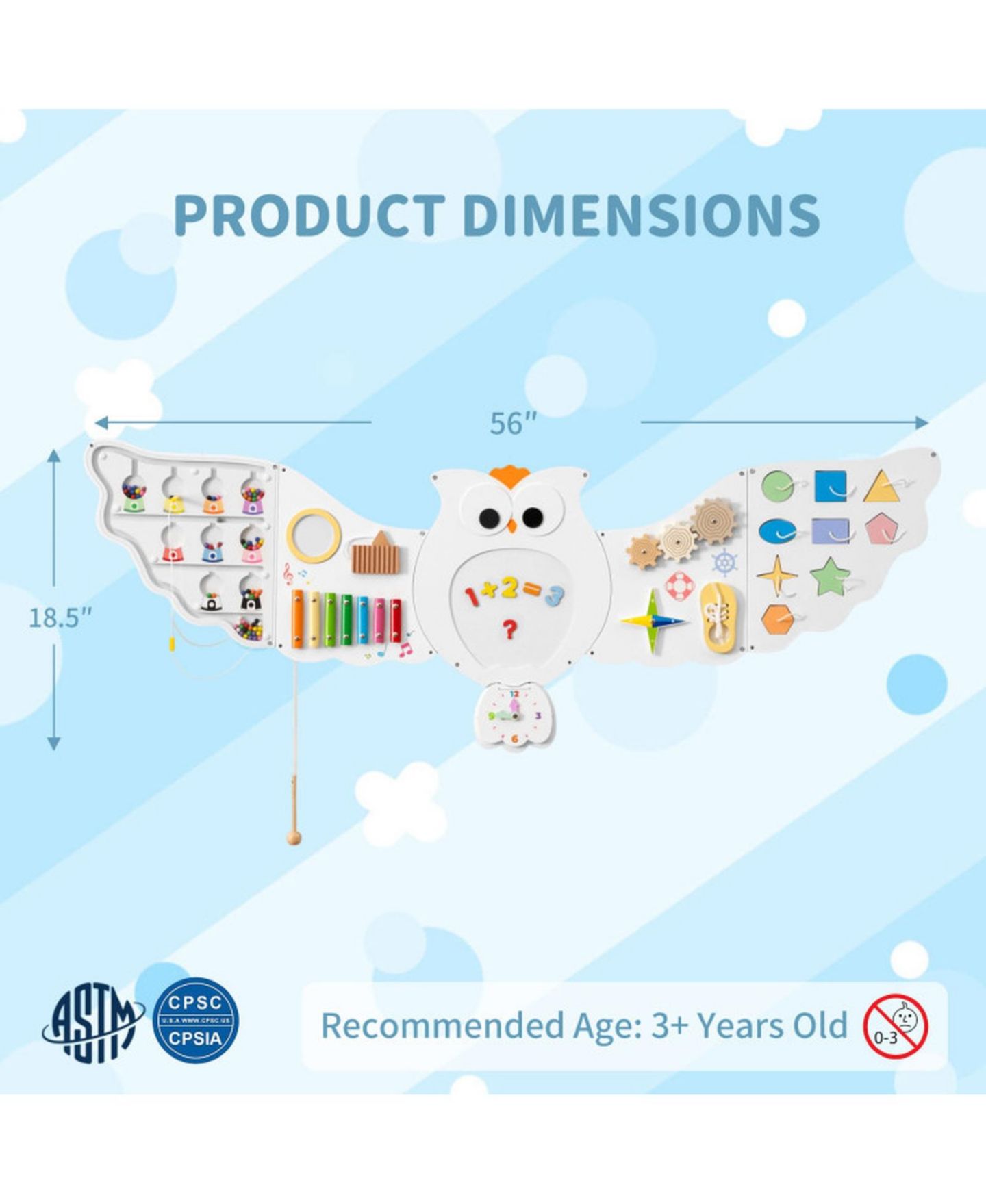 Детская игрушка HONGGE 11-in-1 Owl Busy Board Fine Motor Skills Stem Learning Activity Center, Ages 3+, цвет: Белый — фото 3