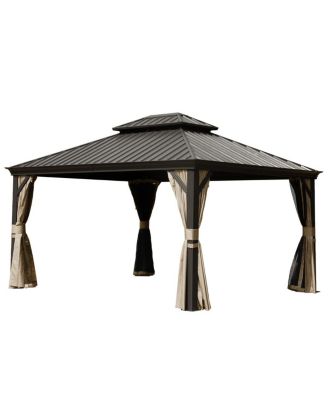 10x14 FT Metal Outdoor Hardtop Gazebo, Double Roof Patio Canopy with Netting and Curtains