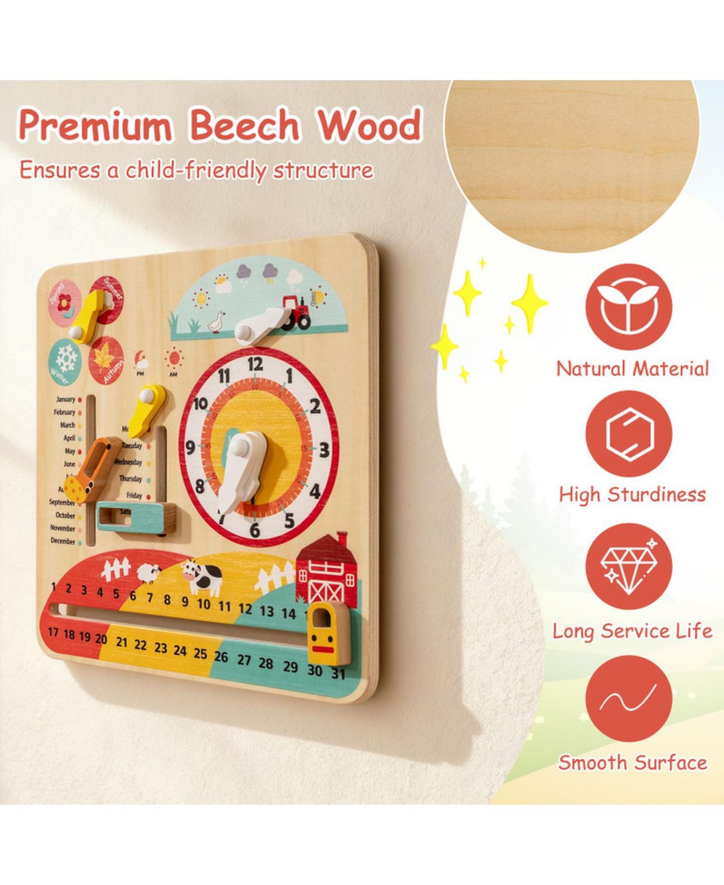 Детская игрушка SUGIFT Montessori Wooden Learning Clock for Time, Seasons & Weather, Ages 3+, цвет: Open Miscellaneous — фото 7