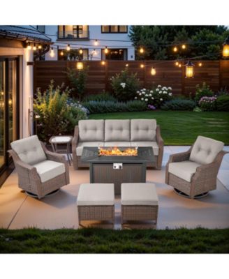 7-Piece Outdoor Furniture Set with Fire Pit Table, Wicker Patio Conversation Set with Cushions and Swivel Glide Chairs