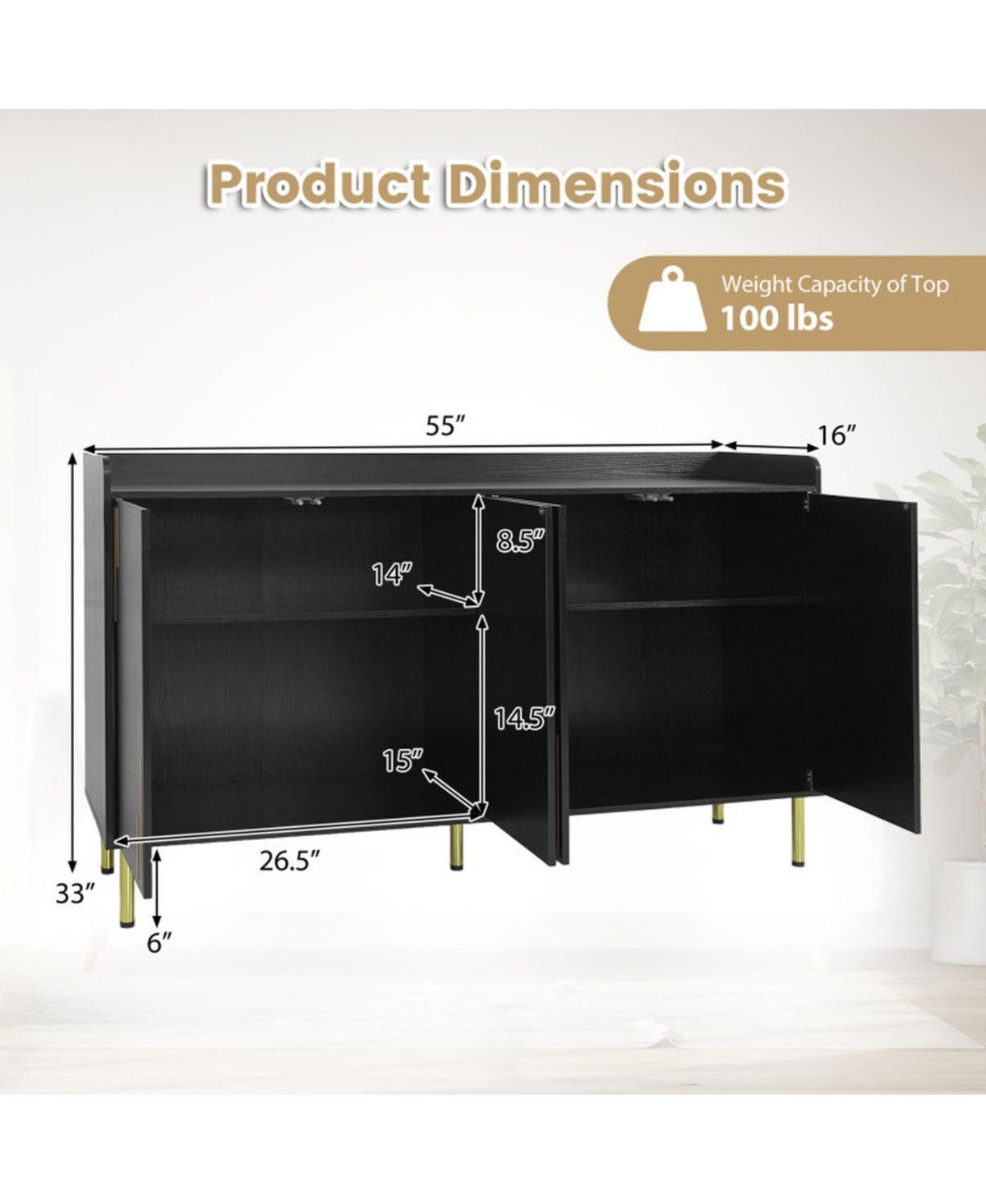 Sugift 55 Inch Buffet Cabinet with 4 Doors and 5 Metal Legs Modern Credenza