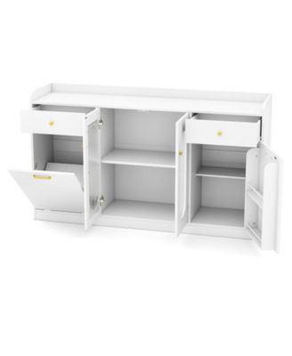 55 Inch Buffet Cabinet with Hidden Tilt-Out Trash Can and 2 Glass Doors