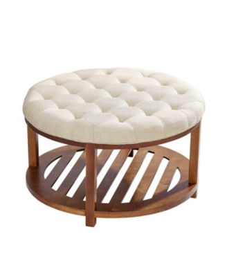 Round Tufted Ottoman Coffee Table with Wooden Shelf, Linen Upholstered Accent Table