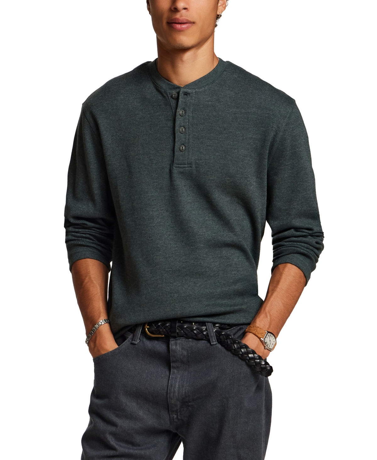 Weatherproof Vintage Men's Waffle Henley Long-Sleeve Shirt - Heather Scarab