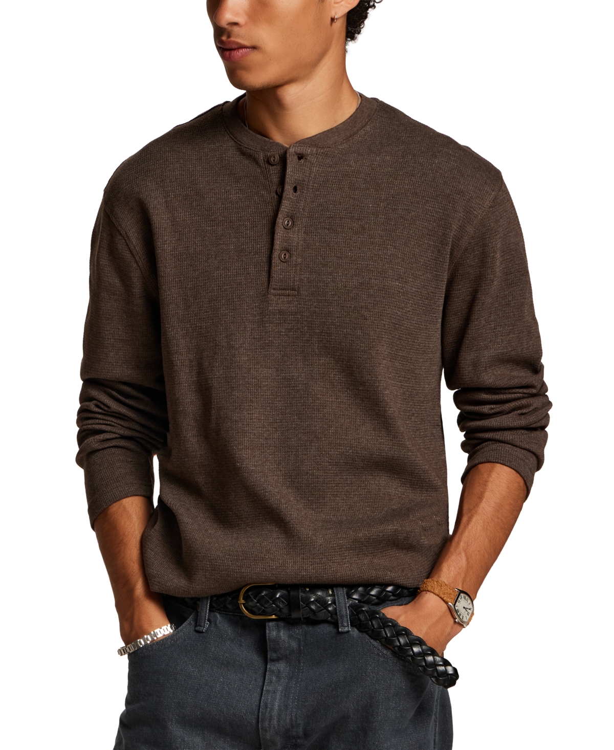 Weatherproof Vintage Men's Waffle Henley Long-Sleeve Shirt - Demitasse Heather