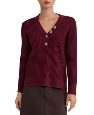 Women's Long Sleeve Ribbed Y-Neck Placket Sweater
