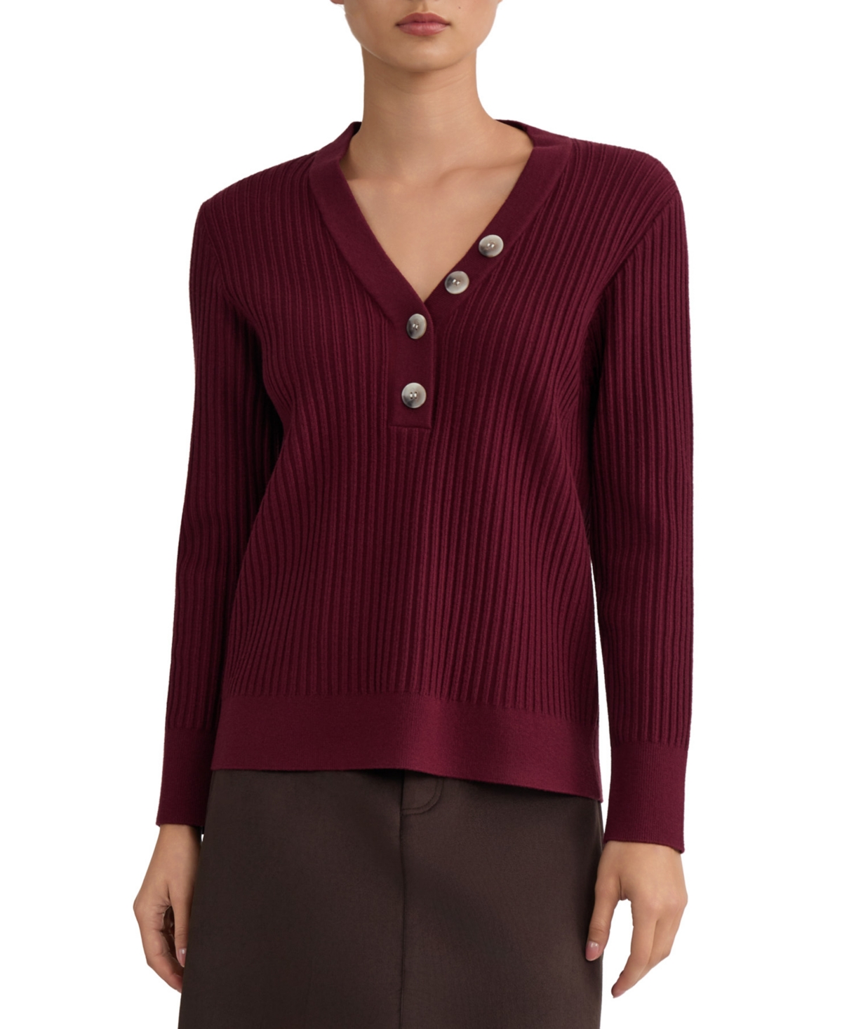 Jones New York Women's Ribbed V-Neck Long-Sleeve Sweater