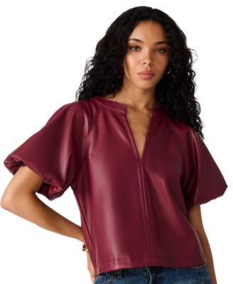 Women's Cecila Top Faux-Leather Puff-Sleeve Blouse